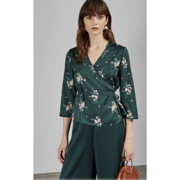 Ted Baker Womens Green Aleexx Floral Wrap Top Blouse Size 8 Medium - Picture 8 of 8